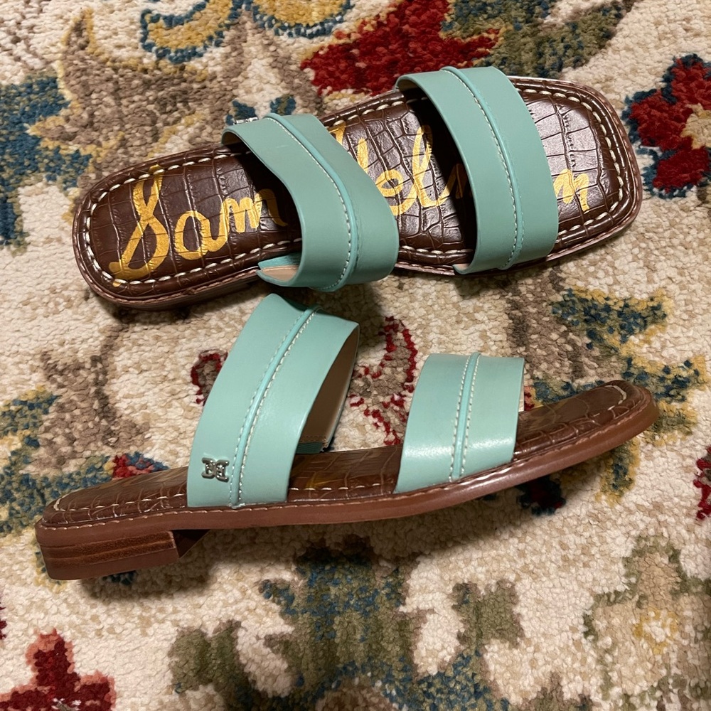 NEW IN BOX SAM EDELMAN SANDAL HAYDEE LEATHER TWO STRAP BLUE SEAFOAM 7.5 7 1/2